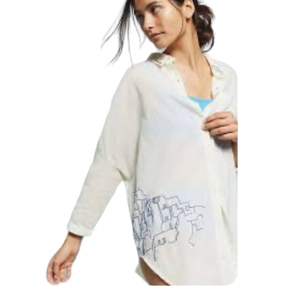 Anthropologie Alihop Oversized Embroidered Top I’m Lost Too Medium White Boxy - Picture 1 of 11